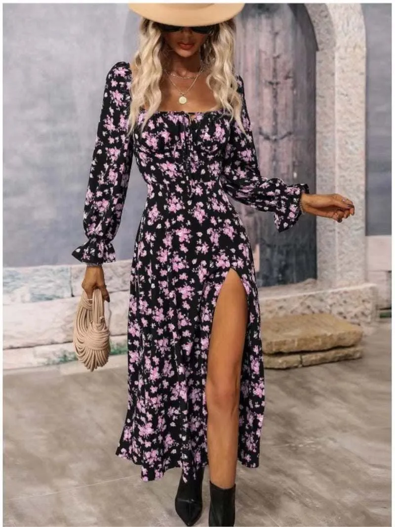 Women's Spring Fashion Print Split Dress Square Neck Wrapped