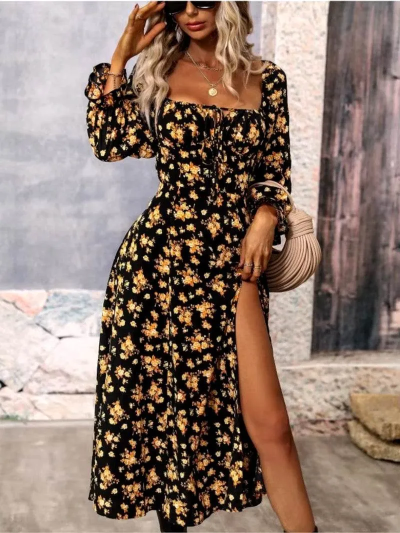Women's Spring Fashion Print Split Dress Square Neck Wrapped