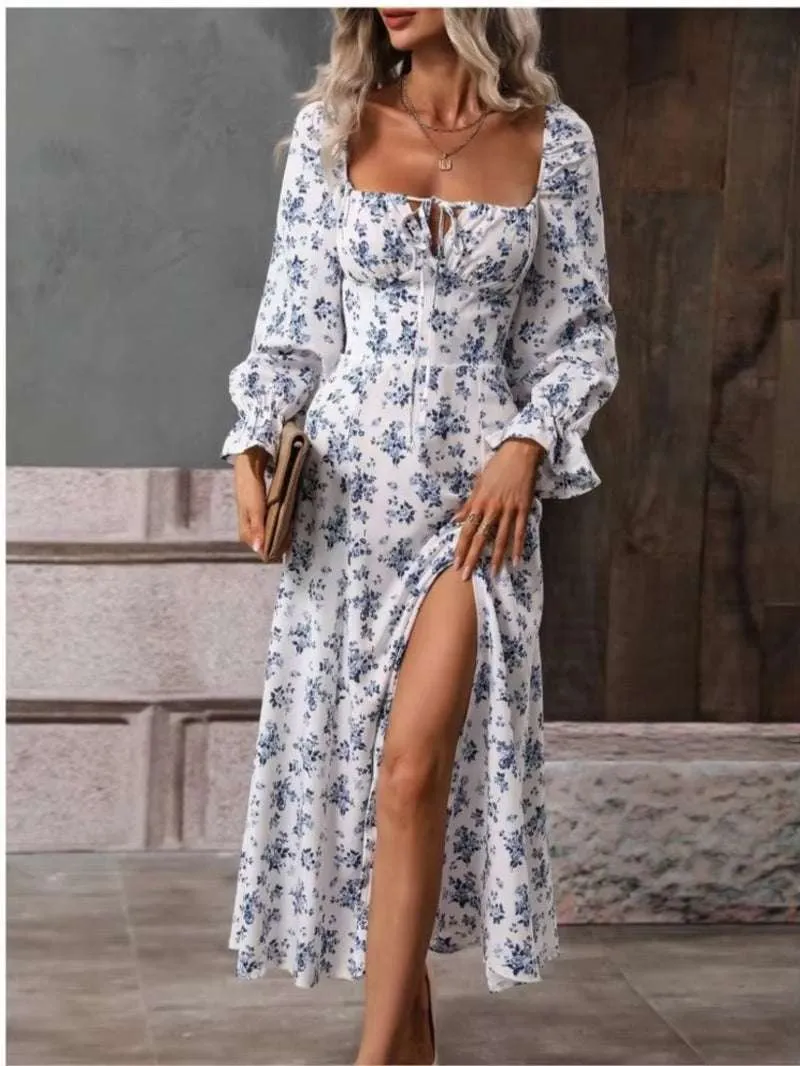 Women's Spring Fashion Print Split Dress Square Neck Wrapped