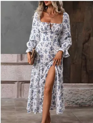 Women's Spring Fashion Print Split Dress Square Neck Wrapped