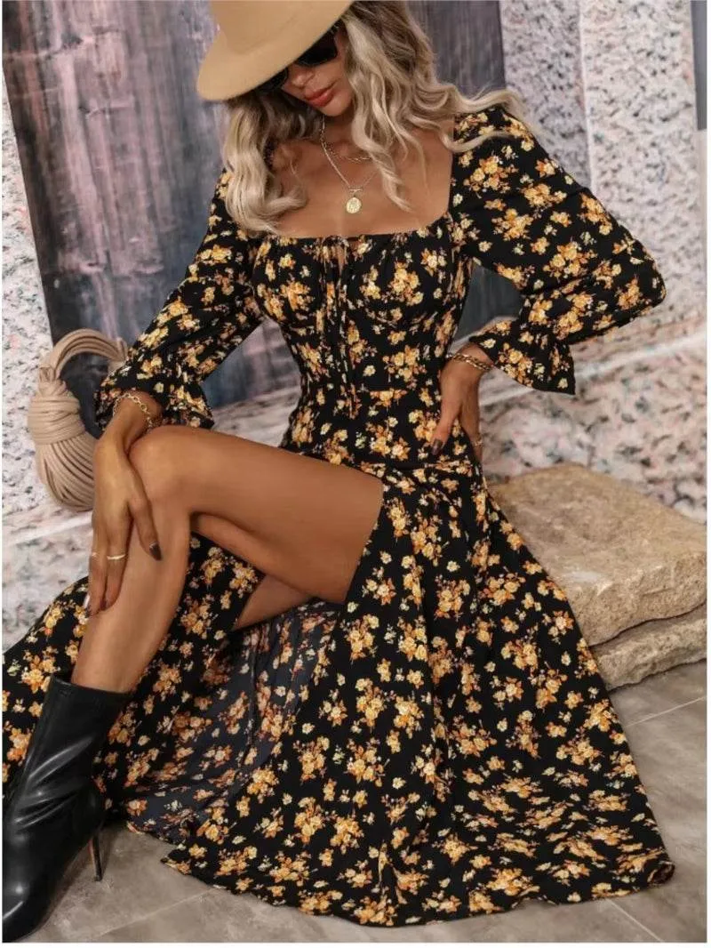 Women's Spring Fashion Print Split Dress Square Neck Wrapped