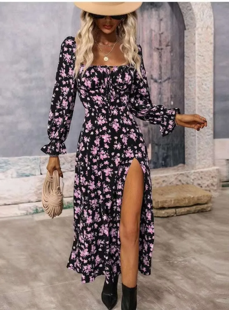 Women's Spring Fashion Print Split Dress Square Neck Wrapped
