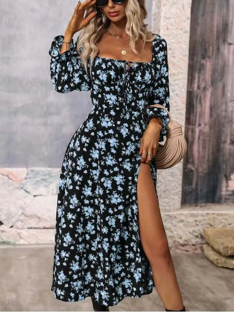 Women's Spring Fashion Print Split Dress Square Neck Wrapped