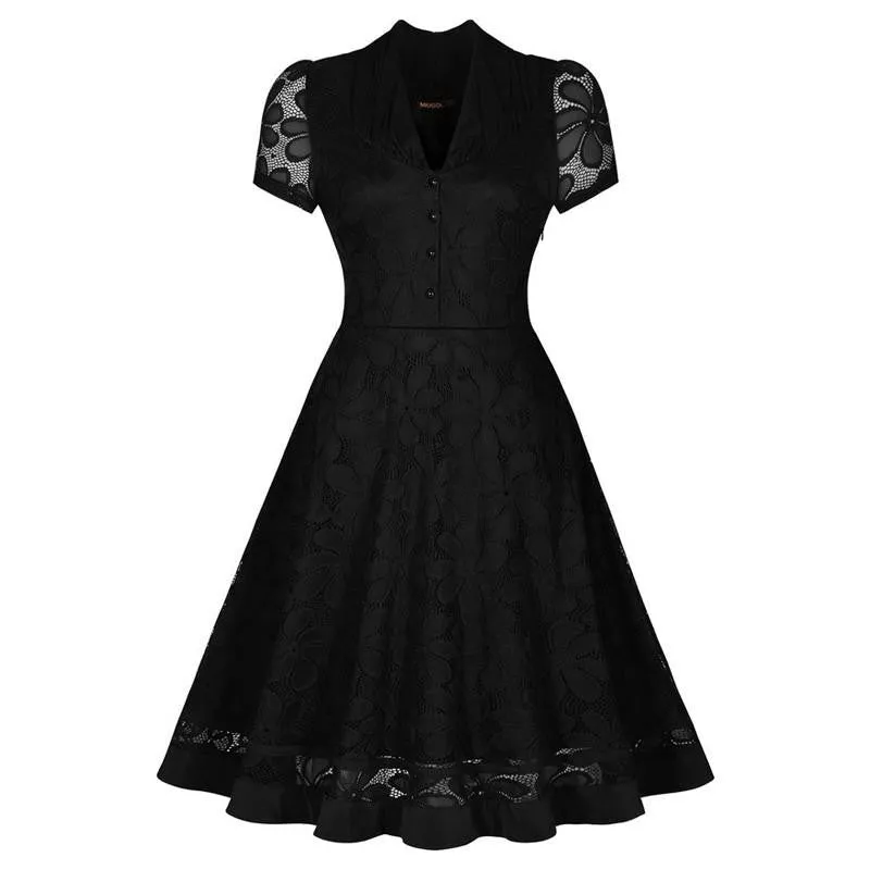 Womens Summer Dress Vintage V-Neck Cap Sleeve 1950s Hepburn Style Pin up Rockabilly Party Black Lace A-Line Dresses