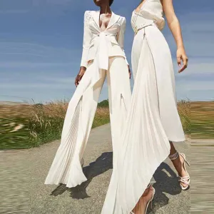 Women's White Lace-Up 2 Piece Bell-bottomed Pantsuit Sizes 6-14