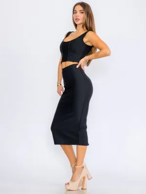 WOMEN'S ZIPPER CLOSURE BANDAGE PENCIL MIDI SKIRT
