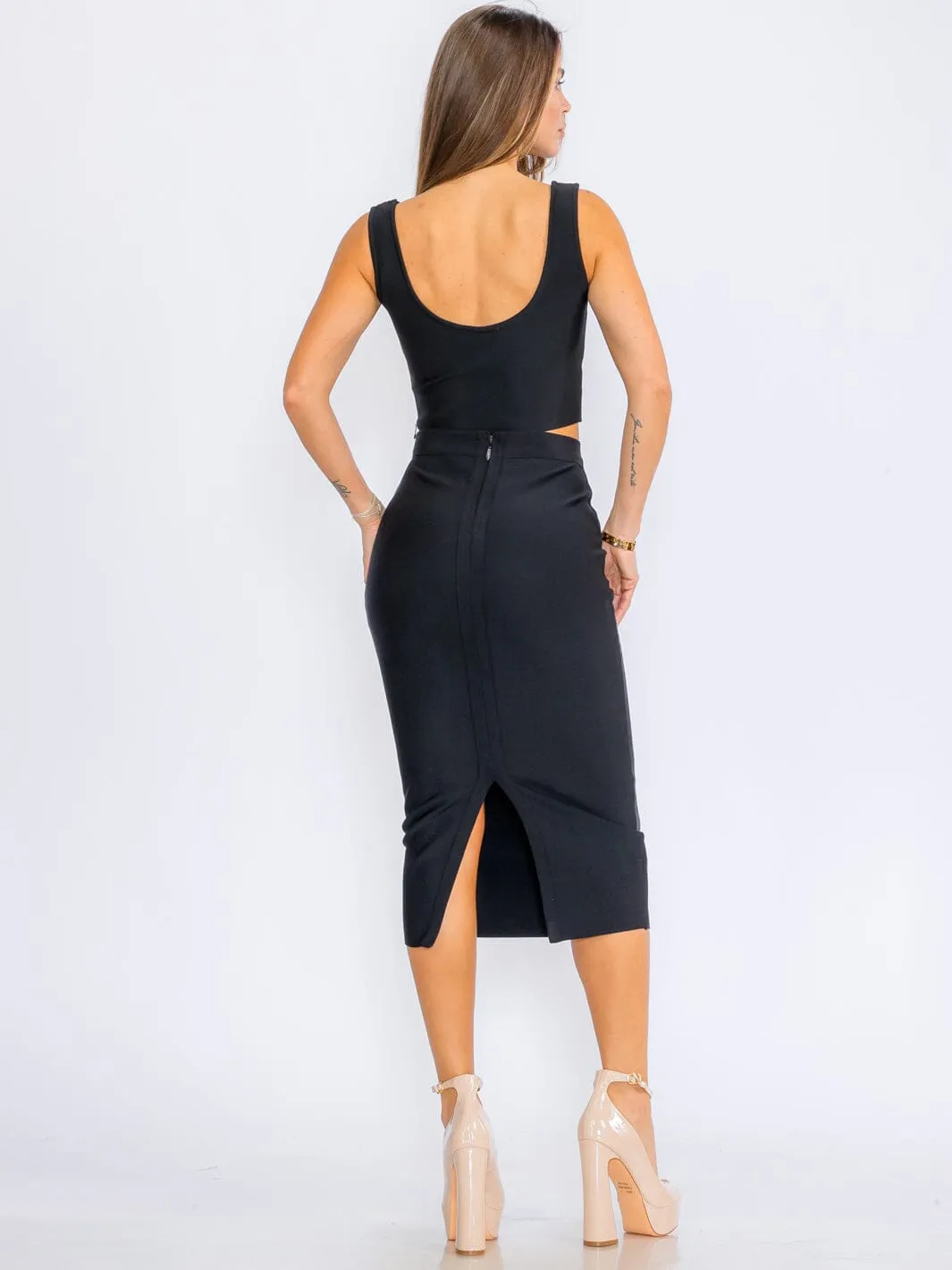 WOMEN'S ZIPPER CLOSURE BANDAGE PENCIL MIDI SKIRT