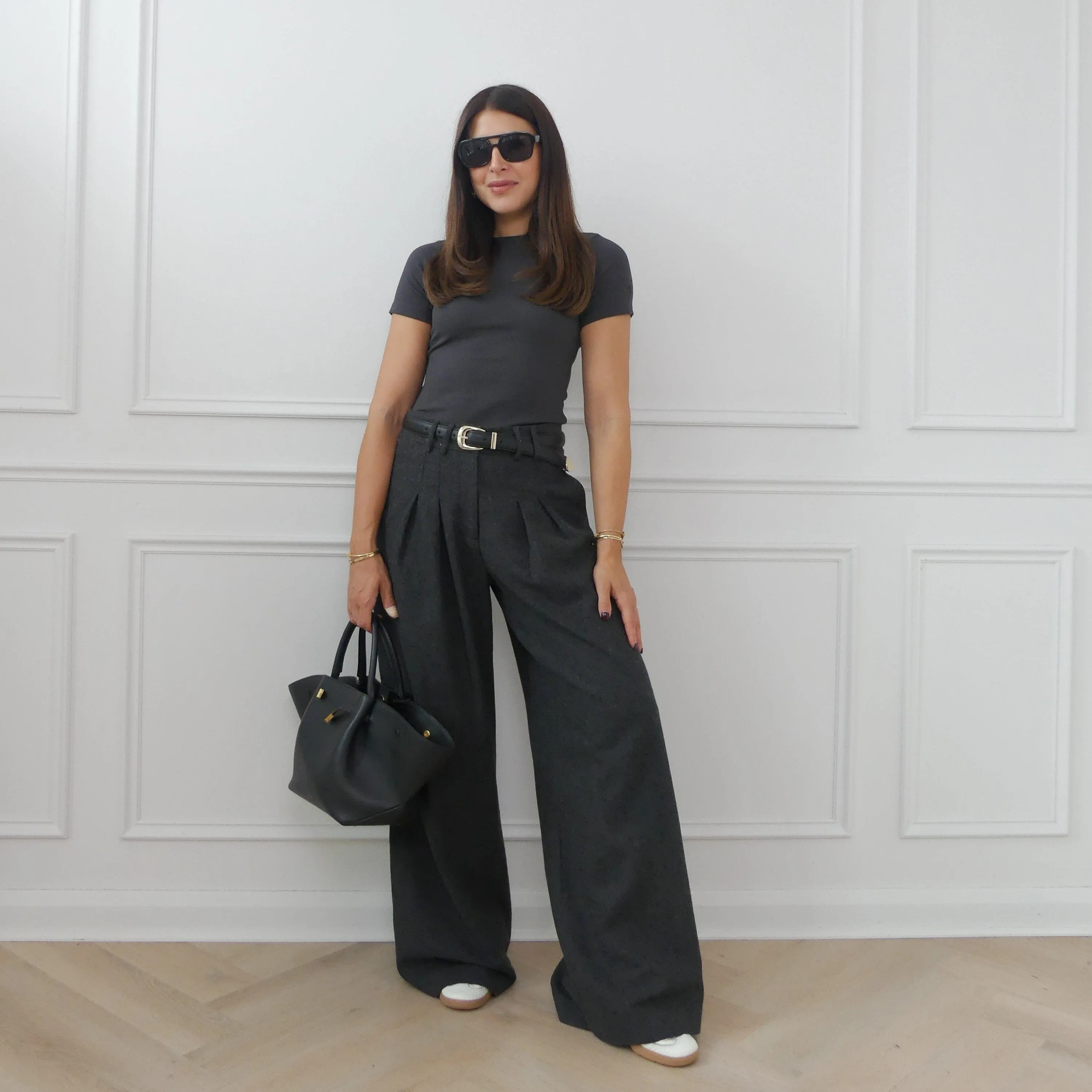 WOOL TAILORED WIDE LEG TROUSERS - DARK GREY