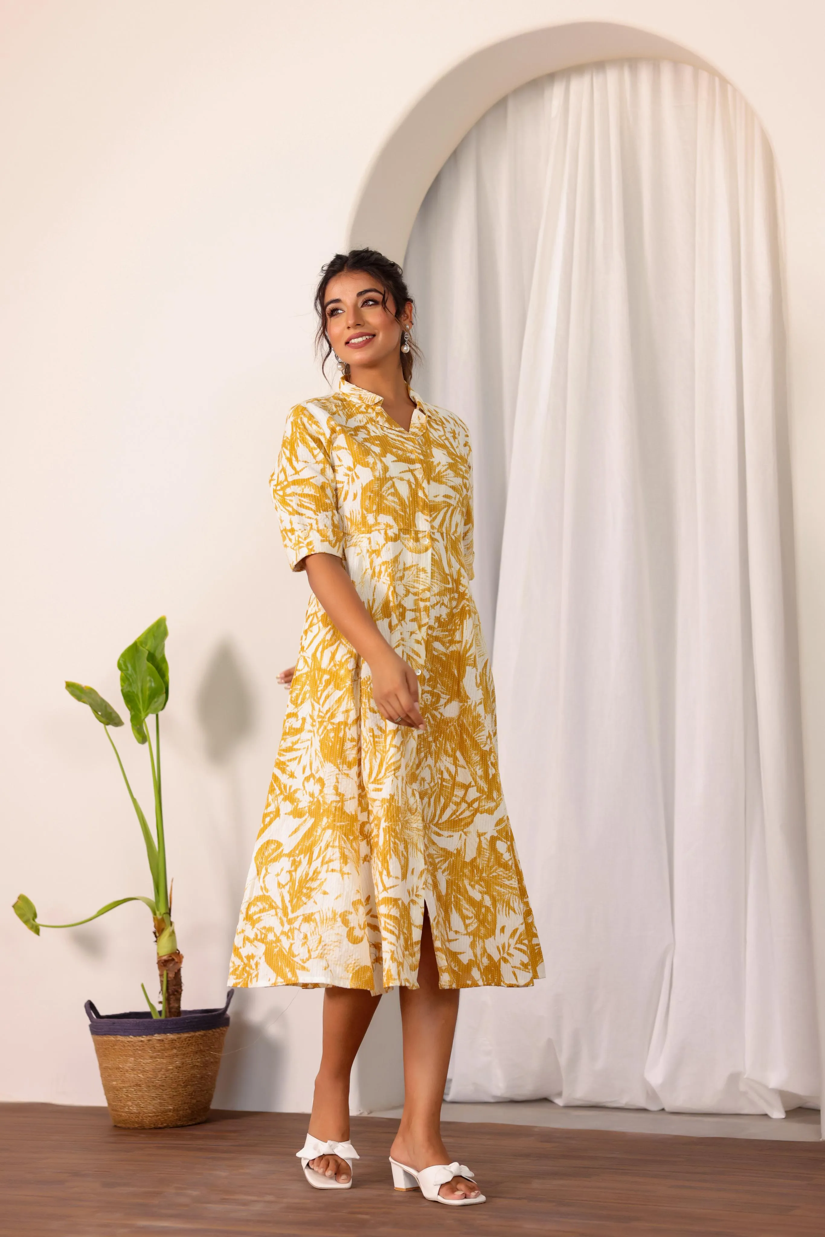 Yellow palm Cotton Dress