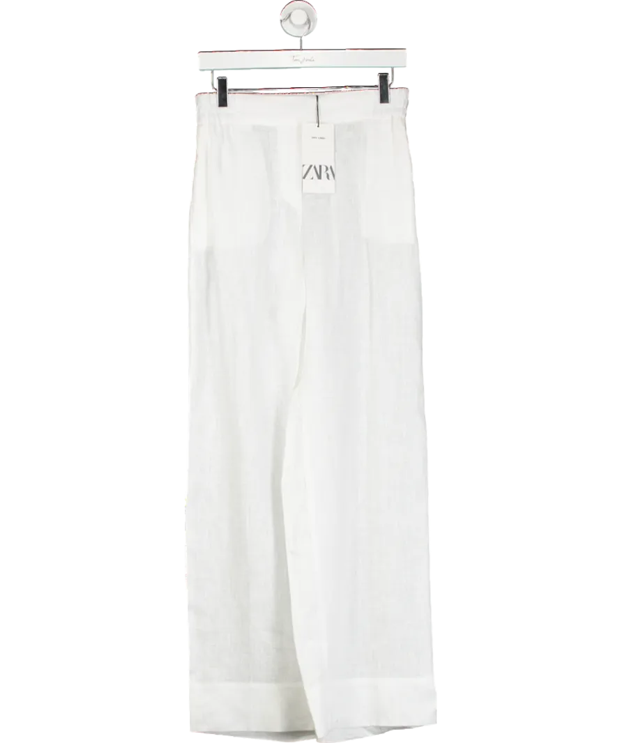 ZARA White Linen Straight Leg Trousers UK S